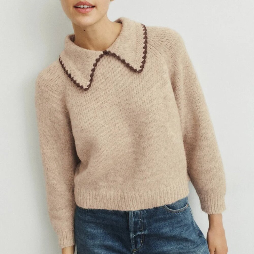The Great. Crochet Collar Pullover Wool Sweater in Oat & Brown Cream Tan Knit XS